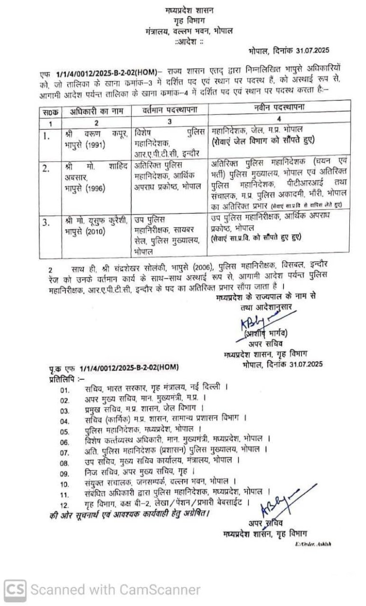 पुलिस विभाग में बड़ा बदलाव,तीन वरिष्ठ आईपीएस अधिकारियों का तबादला, वरुण कपूर बने जेल डीजी