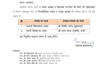 भाजपा प्रदेश अध्यक्ष हेमंत खंडेलवाल ने जबलपुर, अशोकनगर, भिण्ड, इंदौर नगर और आगर-मालवा जिलों के मंडल अध्यक्षों की घोषणा की