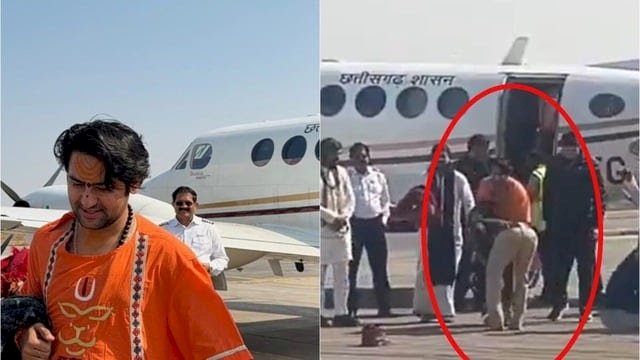 बाबा बागेश्वर के वर्दीधारी पुलिसकर्मी ने छुए पैर, छिड़ा विवाद; रायपुर एयरपोर्ट पर माना टीआई ने जूते-कैप उतारकर किया प्रणाम, SSP ने किया लाइन अटैच